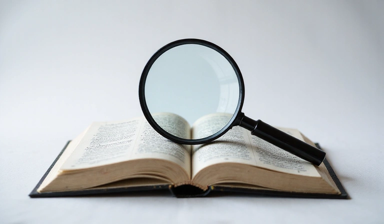 Eine Lupe über einem geöffneten Buch, symbolisiert die Artikelsuche