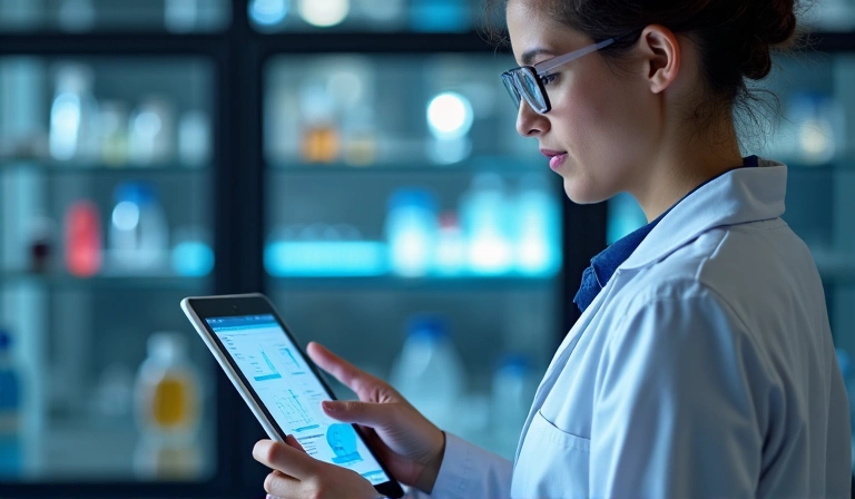 Wissenschaftler analysiert Daten auf einem Tablet in einem Labor