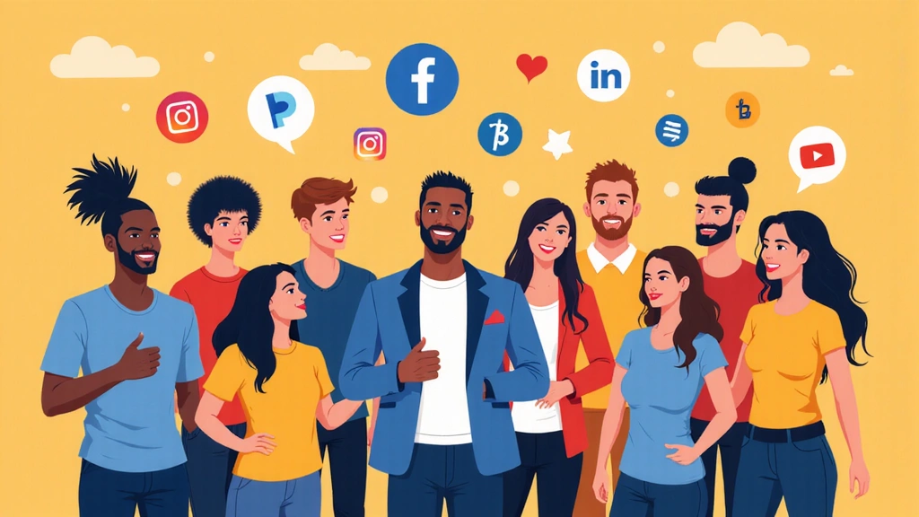 Persone che interagiscono sui social media con icone di Facebook, Instagram e LinkedIn