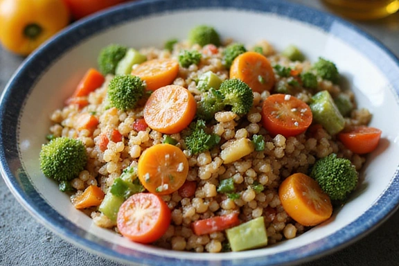 Una ciotola colorata di quinoa con verdure fresche e legumi